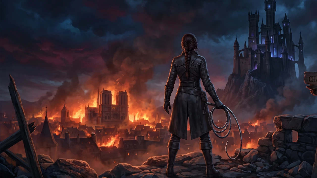 Rose Belmont de dos, fouet en main, face à un Paris médiéval en flammes surmonté de la silhouette du château de Dracula.